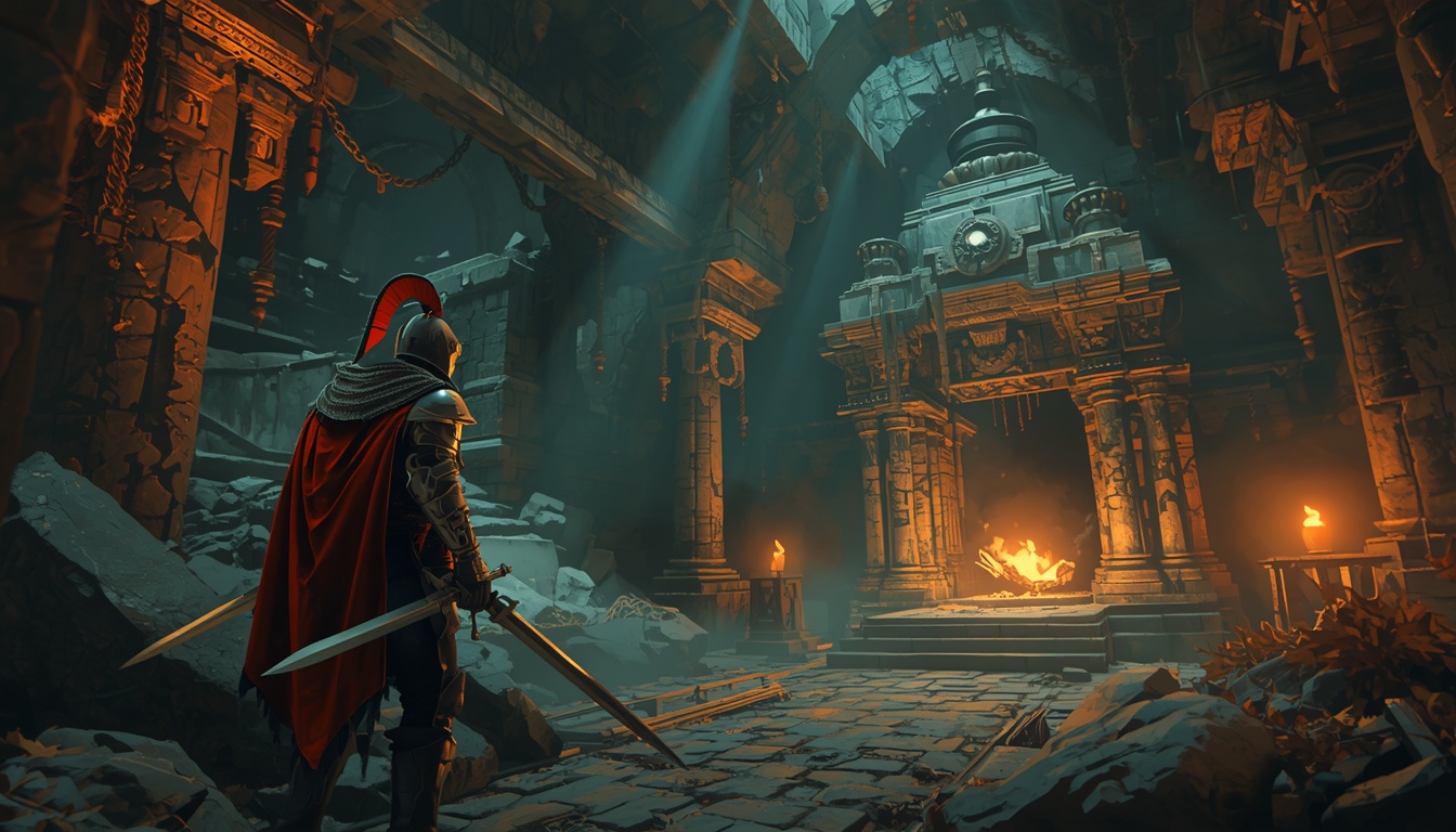 Blighted Aegis key art — an armoured warden descends into a forgotten machine-temple lit by ancient embers.