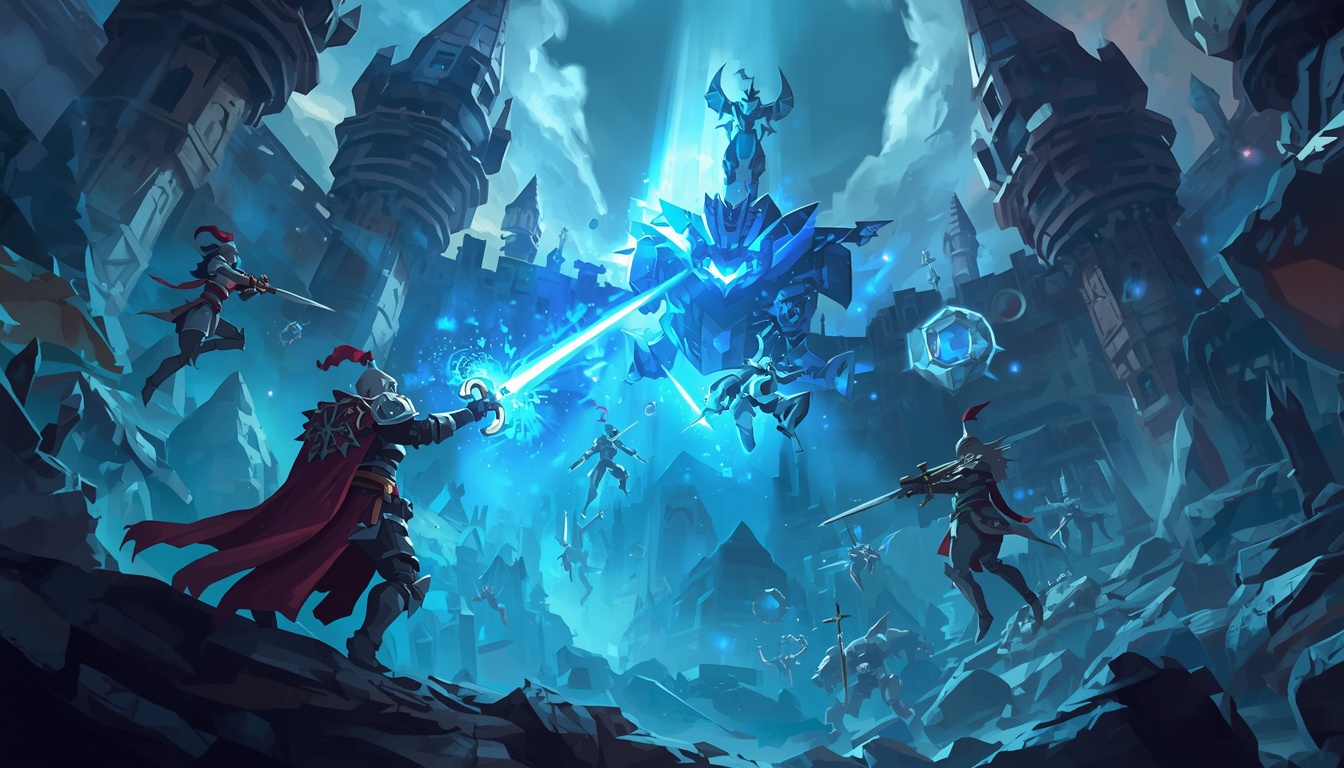 Blighted Aegis — a crystal-powered bastion under assault by mechanical invaders.