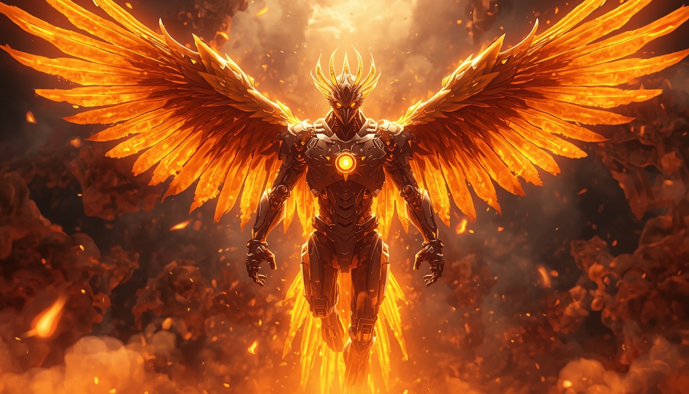 Neon-Kaze key art — a living-metal forge erupts as the protagonist vaults through molten light.