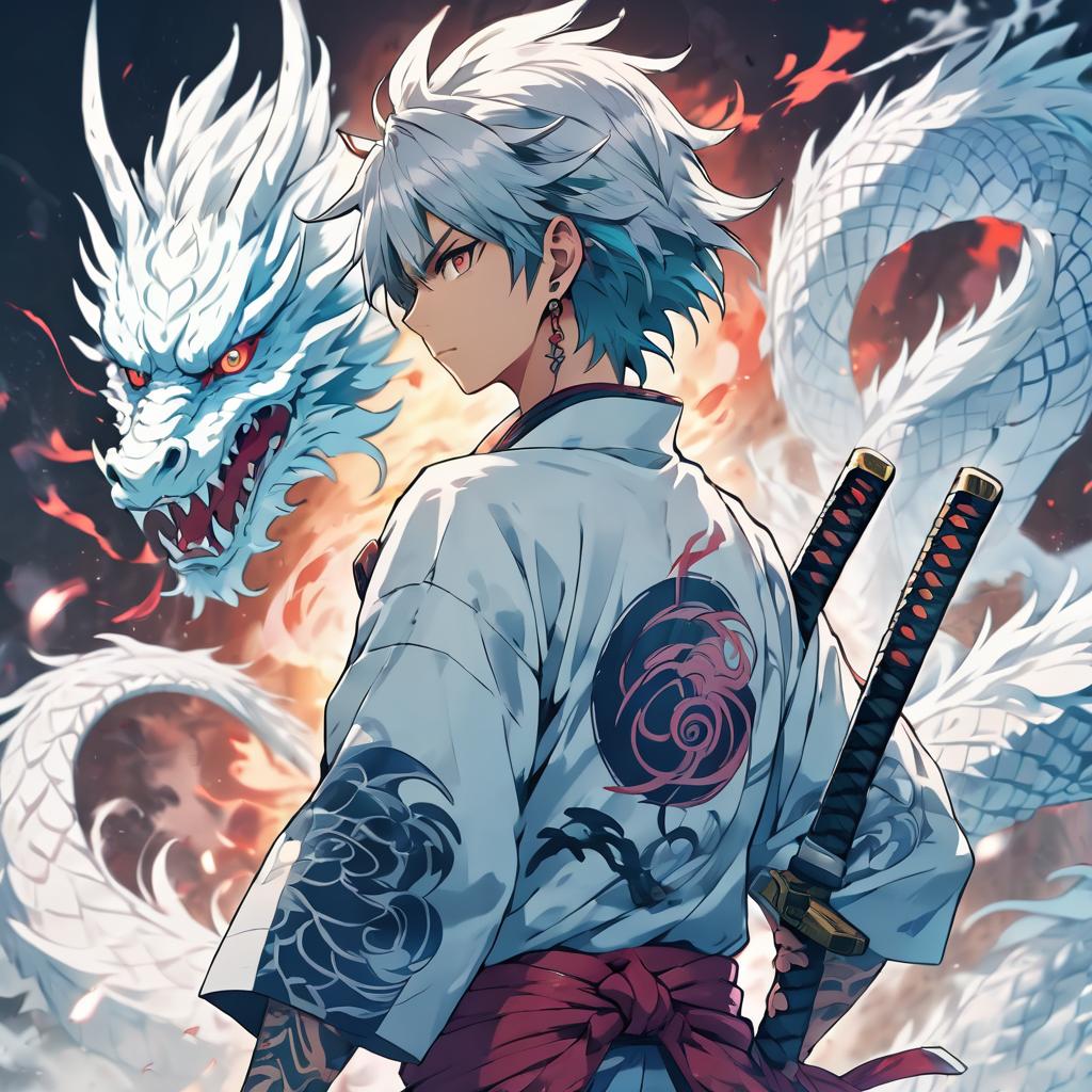 Neon-Kaze cover — a ronin in a white haori with twin katana and a spectral dragon.