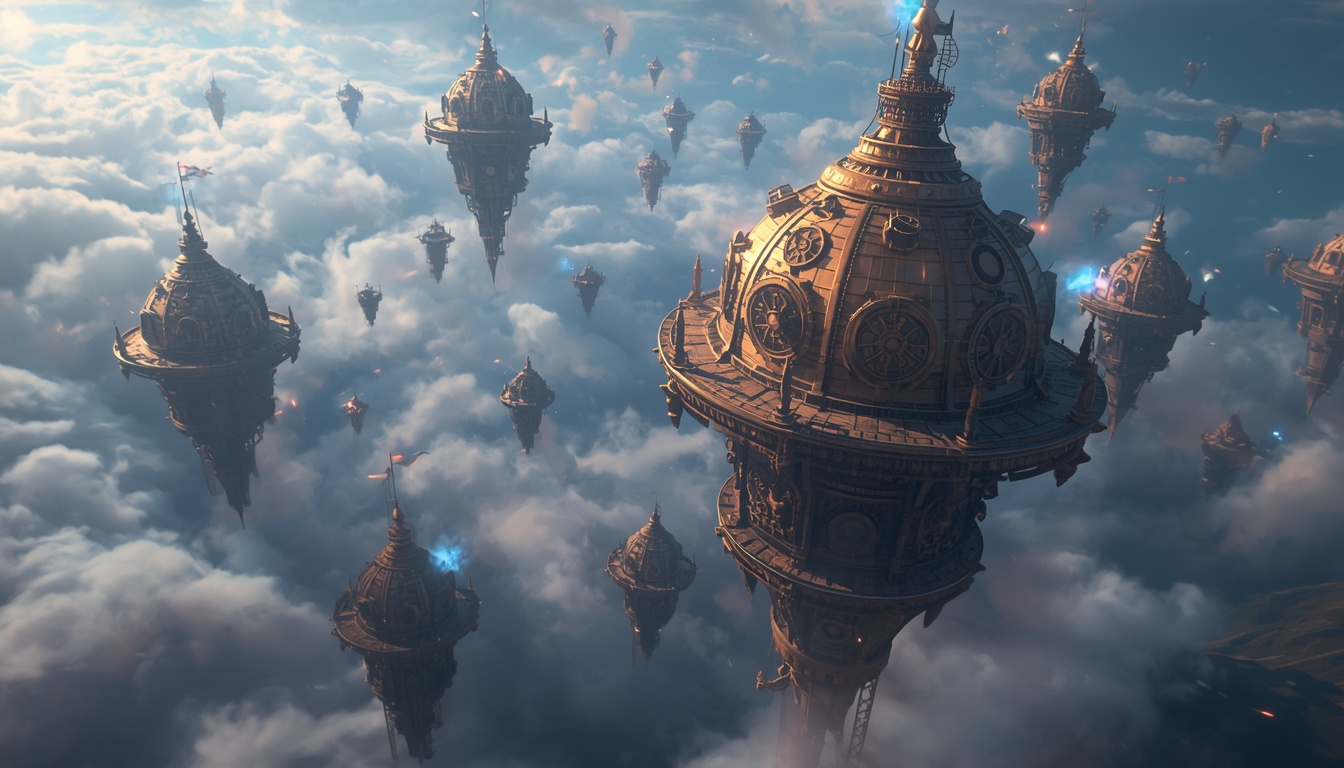 Paradox Drifters key art — a clockwork civilization spread across floating continents in flux.