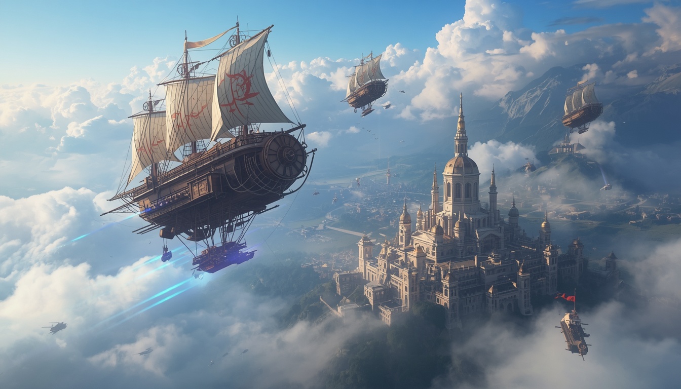 An arcane airship fleet battling above a city suspended in the clouds — VORTEX priority transmission.