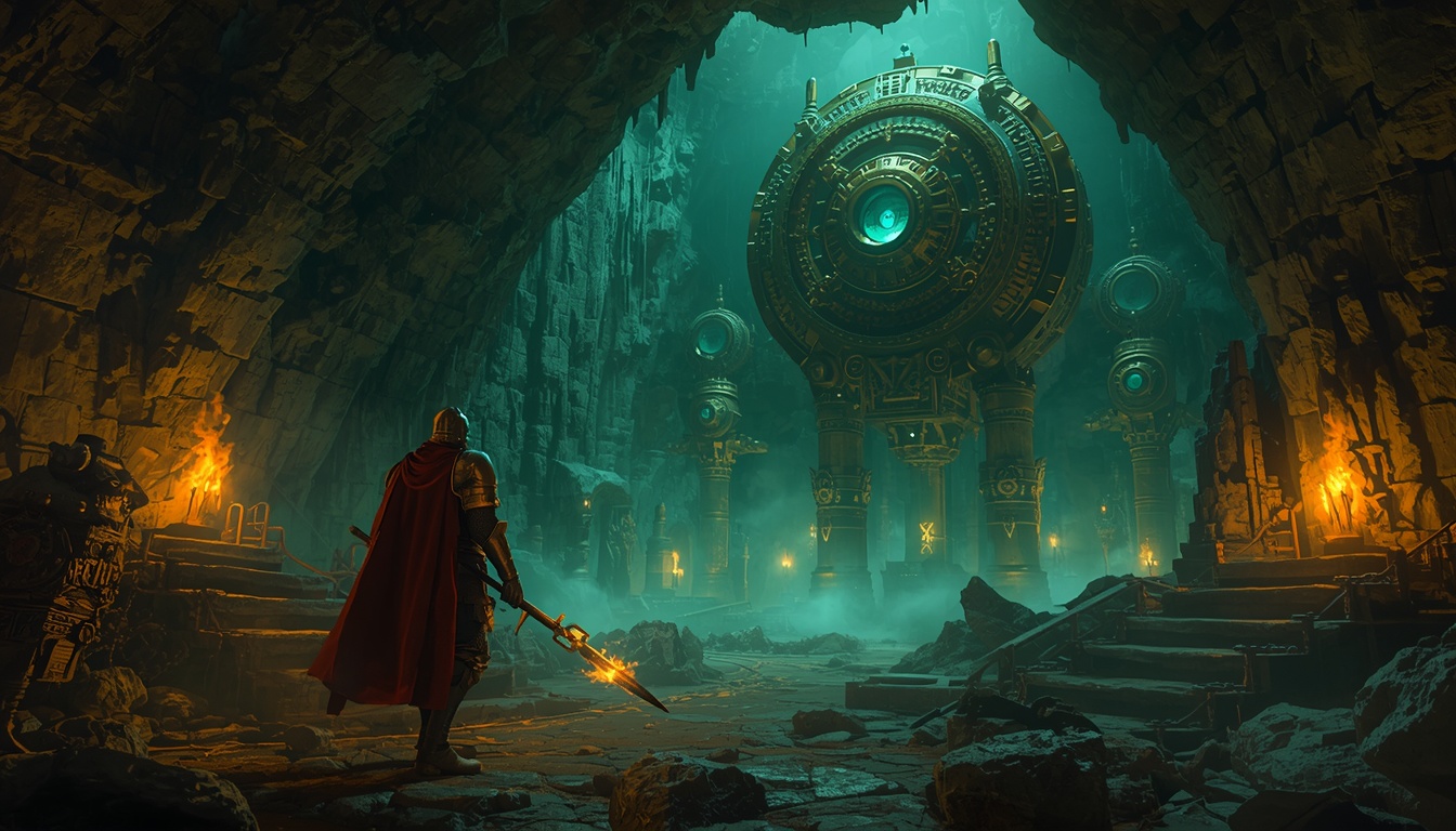A steam knight descending into forgotten underground machine temples — VORTEX field capture.