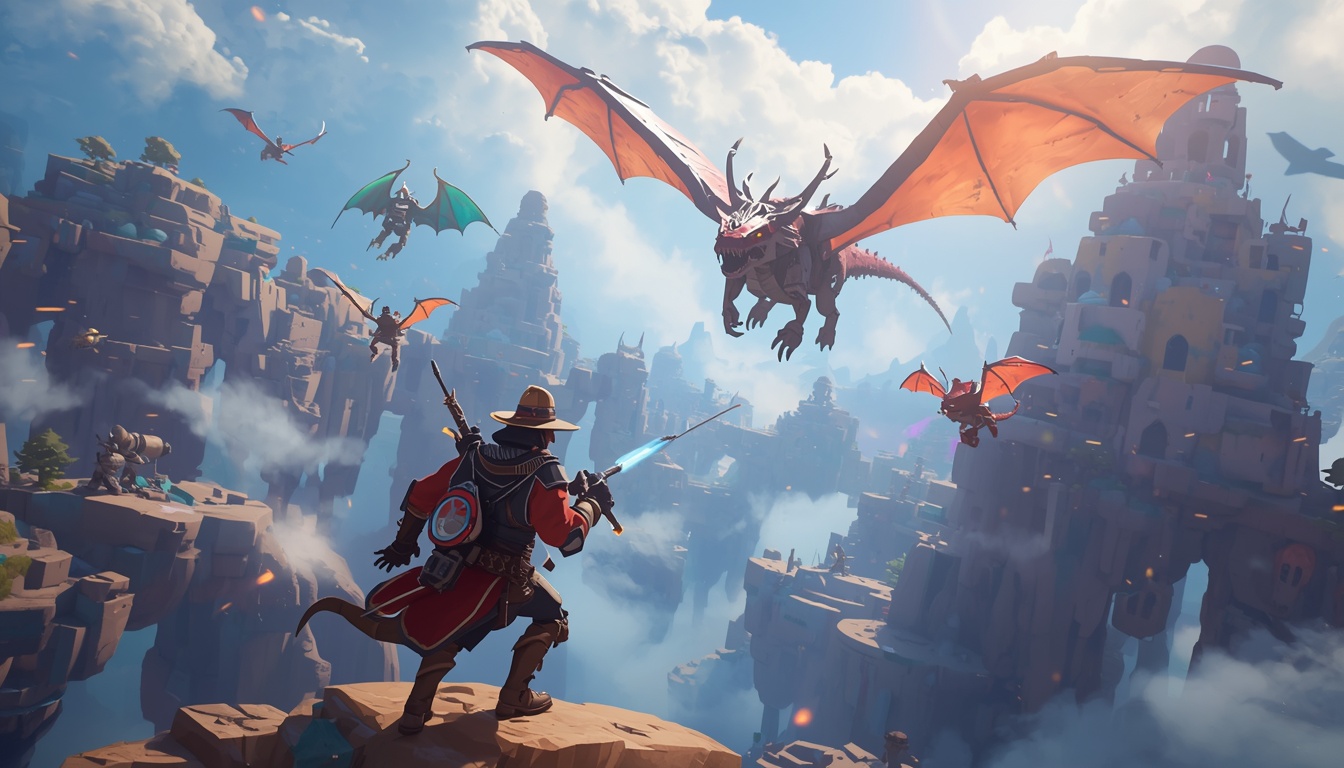 Sky hunters chasing mechanical dragons through floating canyons — VORTEX field capture.