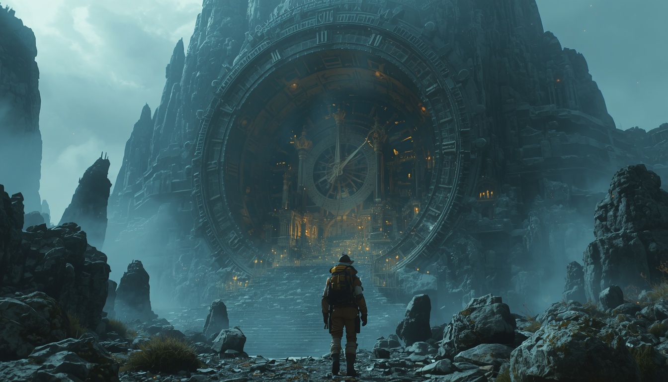 A technomage entering a forgotten city inside a colossal clockwork mountain — VORTEX field capture.