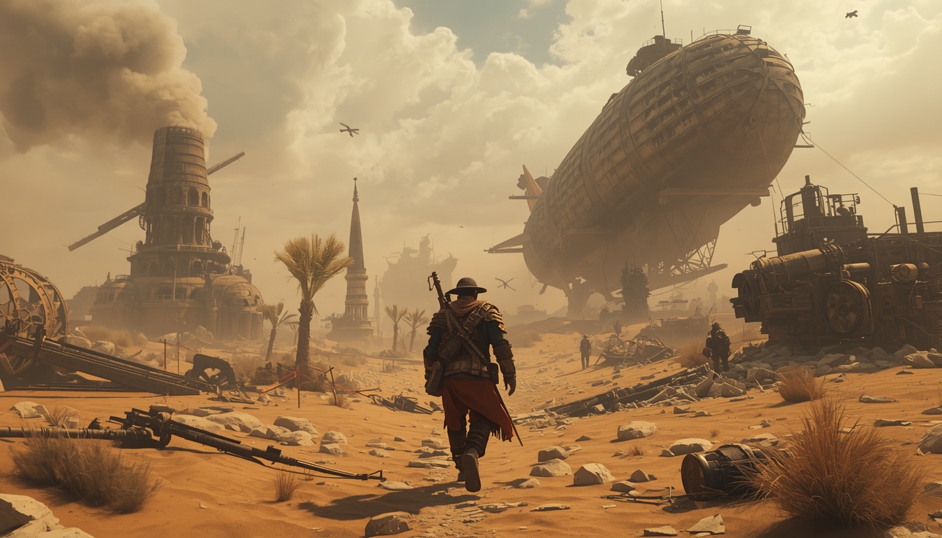 A lone steam warrior crossing a desert of abandoned machines and shattered airships — the VORTEX ARCHIVE portal.